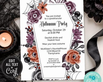 Editable Halloween Coffin Invitation | Spooky Floral Gothic Party (Digital Download)