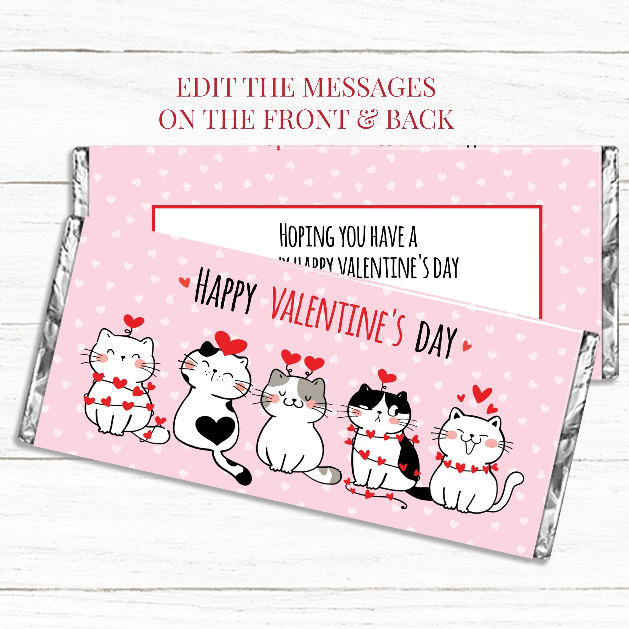 Valentine Cats, Valentine Candy Wrapper, Valentine's Day Favor