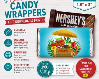 Luau Mini Candy Bar Wrapper Template: Editable Hawaiian Party Favor (Instant Download)