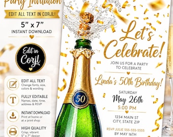 Editable Champagne Birthday Invitation Template - Gold Confetti, Sophisticated Design, Instant Download