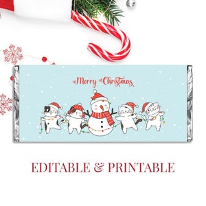 Christmas Candy Bar Wrapper: Cats & Snowman Holiday Favor (Digital Download)