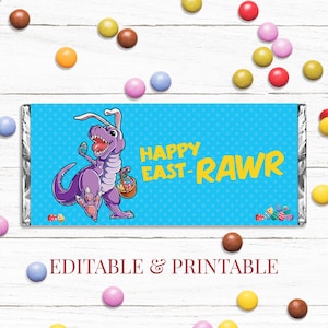 Candy Bar Wrappers for Easter, Custom Printable Chocolate Wrapper, Fun Bunny T-Rex Design, Personalized Easter Chocolate Wrapper