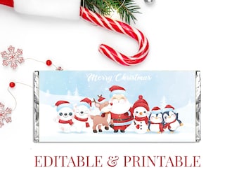 Envoltorio para barra de chocolate de Papá Noel y sus amigos / Detalle navideño editable (Imprimible)