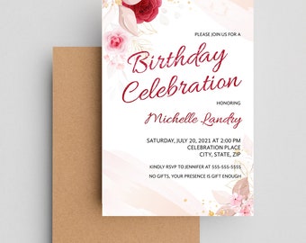 Birthday Invitation for women, 30TH Birthday, 40TH Birthday, 50TH Birthday, 60TH Birthday, Editable Invitation