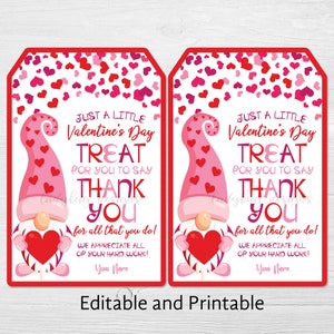 Valentine&#39;s Day Treat Tag Co-Worker Employee Company Appreciation Gift Tags Favor Kids Teacher Thank you Sweets Editable Printable Template