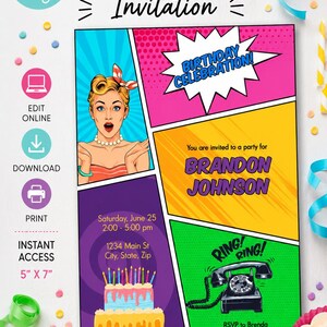 Redigerbar födelsedagsinbjudan för popkonst-serietidningar – retro-superhjältestil (digital nedladdning)