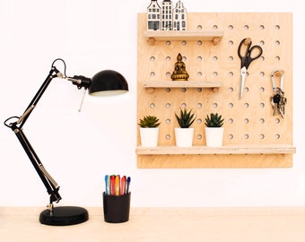 Handmade Pegboard Wall Organizer / Plywood Wooden Shelf with Pegs / Square Birch Peg Rack