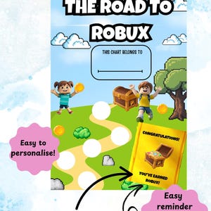 Könnte beinhalten: Ein farbenfrohes Diagramm mit dem Titel "THE ROAD TO ROBUX" mit einem Pfad, der zu einer Schatzkiste führt. Enthält den Text "Easy to personalise!", "Set tasks to get to the 'treasure'" und "Easy reminder of the end goal".