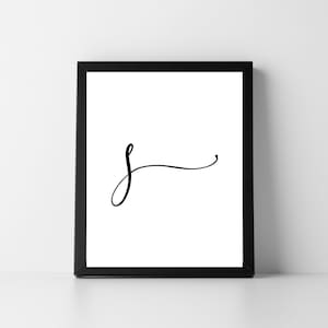May include: Black and white framed print with a simple cursive letter 'S' in the center.