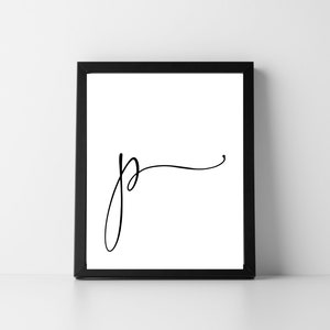 May include: Black and white printable art print with a simple cursive letter 'p' in a black frame.