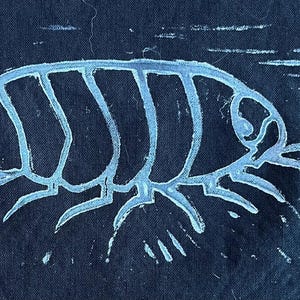 May include: A light blue illustration of a segmented insect with six legs, printed on a dark blue fabric. The insect's body is divided into segments, and it has a rounded head. The background has a textured appearance.