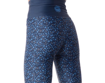 Personalized Yoga Leggings with Blue Leaf Print | High-Waist Scandinavian Design Fall Leggings for Yoga, Gym, Pilates, Running and Festivals