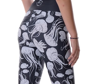 Personalized Black and White Jellyfish Leggings | High-Waist Ocean-Inspired Gym Leggings for Yoga, Dance, Running and Festivals