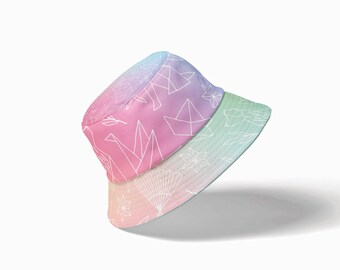 Bucket Hat, Reversible | Rainbow Origami Pattern | Rave Festival Hat | Colorful Fishing Hat | Gift for Origami Lover | Bright Pride Hat