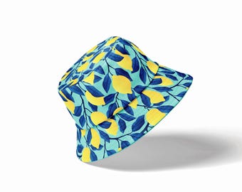 Bucket Hat with Lemon Print | Rave Hat | Custom Bucket Hat | Mint Green Summer Hat | Reversible Sun Hat | Citrus Fruit Print Women Beachwear