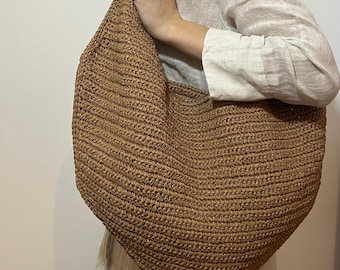 Raffia big Hobo Tote handmade crochet beach bag