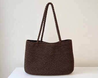 Chocolate Raffia Crochet Tote Bag, Handmade Boho Summer Shopper