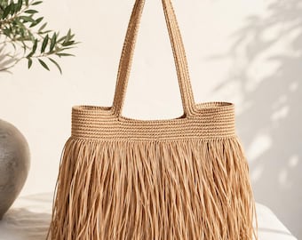 Handmade Raffia Fringe Tote Bag, Boho Crochet Beach Shoulder Purse