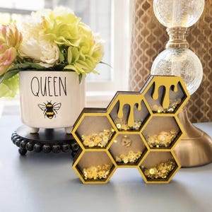 Hand-Painted Honeycomb Shaker Decor, Bee Tiered Tray Accent, Spring Farmhouse Accent