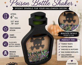 May include: A black wooden Halloween poison bottle shaker measuring 6 inches tall, 3.5 inches wide, and 0.75 inches deep. The bottle features a cutout skull and crossbones and is filled with colorful glitter, sequins, beads, and confetti.