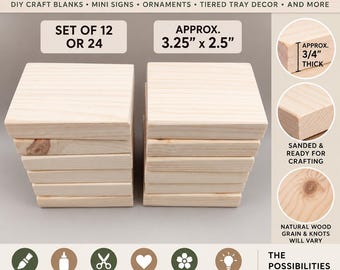 May include: A set of unfinished rectangular wood blocks with visible natural grain and knots. The blocks are approximately 3.25 inches by 2.5 inches and 0.75 inches thick. The text reads UNFINISHED WOOD BLOCKS, DIY CRAFT BLANKS, MINI SIGNS, ORNAMENTS, TIERED TRAY DECOR, AND MORE.
