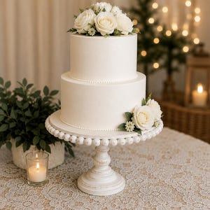 May include: A two-tier white cake with smooth frosting, decorated with white roses and greenery on top and at the base. The cake sits on a white pedestal stand with a beaded rim, featuring a small pearl-like border around each tier.