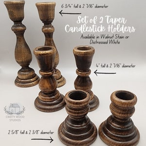 Rustic Wood Candlestick Holders: Farmhouse Taper Candle Set, Walnut Stain or Distressed White