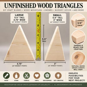 May include: Two unfinished light-colored wood triangles with visible grain. A yellow measuring tape shows a height of 5.5 inches. The large triangle is 4.75 inches wide, the small is 3 inches wide, and both are 0.75 inches thick. Text reads Unfinished Wood Triangles.