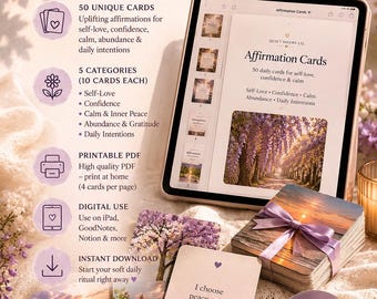 50 Daily Affirmation Cards | Self-Love, Confidence, Calm (Printable PDF)