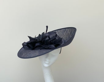 Navy Blue Feather Flower Fascinator Hatinator Hat.    JB