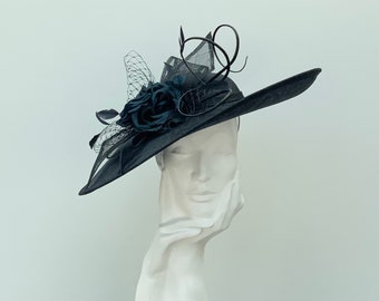 Dark Navy Silk Flower Wedding Occasion Hatinator Hat               FD4