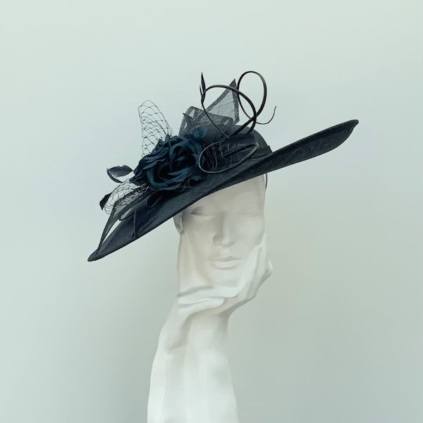 Dark Navy Silk Flower Wedding Occasion Hatinator Hat               FD4