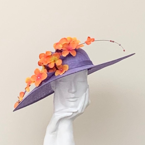 Purple & Orange Floral wide Brimmed Hatinator: Ascot Races Fascinator