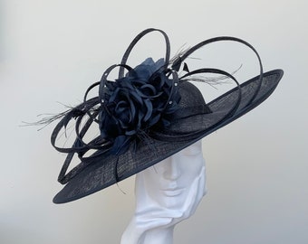 Dark Navy Flowers & Loops Very Large Wedding Hatinator Hat.      258