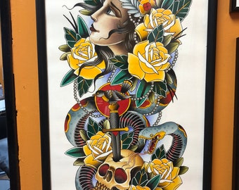 May include: A traditional tattoo design featuring a woman's face with a floral crown, a snake wrapped around a skull, and a dagger piercing the skull. The flowers are yellow and the snake is green and red.