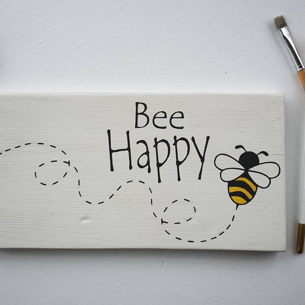 Handmade BEE HAPPY sign, vintage style retro hand painted wood sign, Bee Gift, Gifts, wall plaque