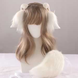 Handmade Sheep tail and ear set animal cosplay Goat ear and tails petplay ear Faux Fur Lolity Ears Headband Lamb ears and tail halloween