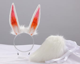 White & Pink Bunny Ears and Tail Set: Handmade Anime Cosplay