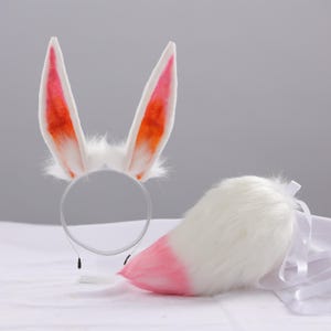 White pink bunny ear and tail set anime ears bunny ear rabbit ear and tail set bunny ears tail cosplay anime Halloween Gifts