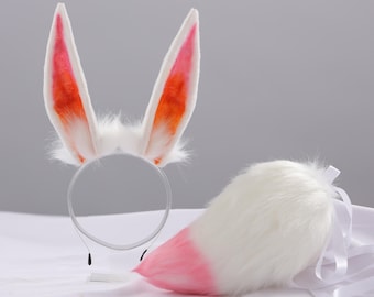 Pink & White Bunny Ears and Tail Set: Anime Cosplay Costume