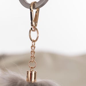 May include: A gold-toned keychain with a small, round, metal charm attached to a chain. The charm has a smooth, shiny surface.
