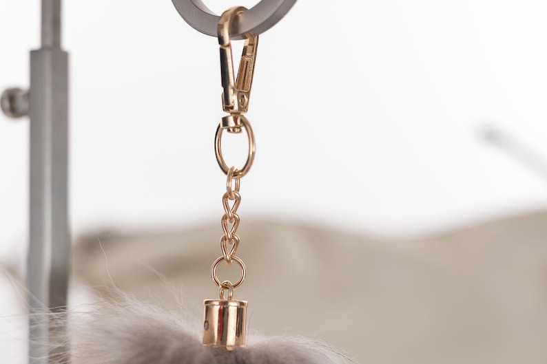 May include: A gold-toned keychain with a small, round, metal charm attached to a chain. The charm has a smooth, shiny surface.
