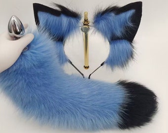 Blue black Real Fox Tail Fox Tail and tails Cosplay Anime Sexy Cute Animal Furry Mature Fox Tail Butt Plug