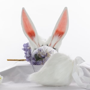 White pink bunny ear and tail cosplay anime set anime ears bunny ear rabbit ear and tail set bunny ears tail