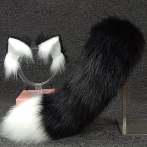Black White Fluffy Handmade Fox Ears Animal Ear and tail COSPLAY Simulation fox Ears and tails Customized fox Ears Halloween Gifts