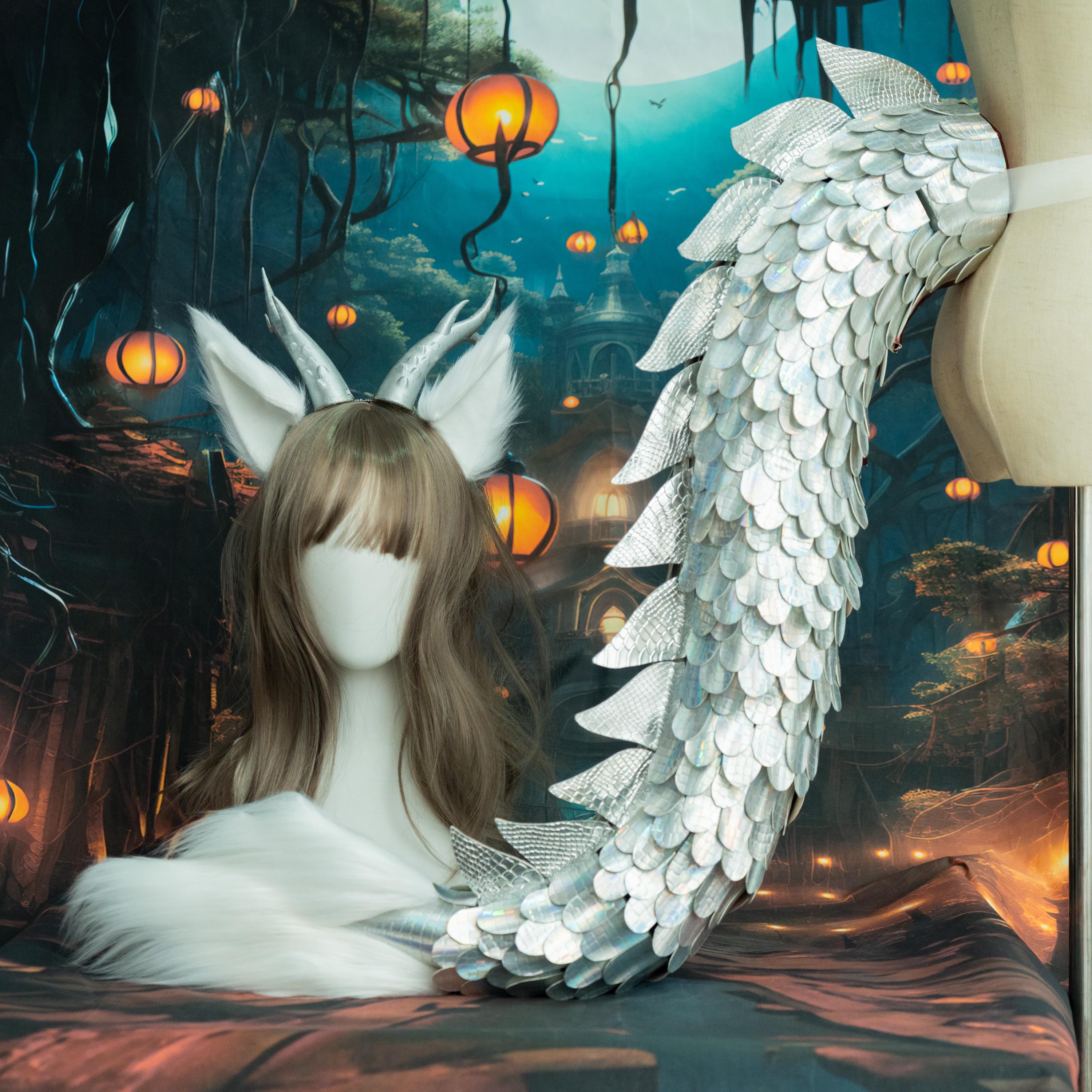 Handmade Dragon Tail and Ears Cosplay Set: Faux Fur, Scalemail Furry Fursuit Armored tail
