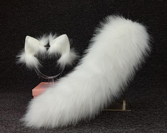 Conjunto de orejas y cola de zorro blanco esponjoso: disfraz de cosplay hecho a mano