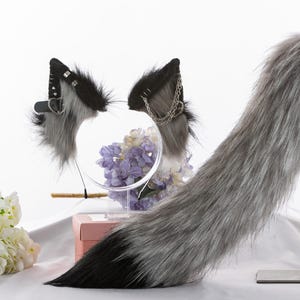 Grijs zwart handgemaakte vossenoren dier oor en staart COSPLAY simulatie vos oren en staarten aangepaste vossenoren Halloween geschenken