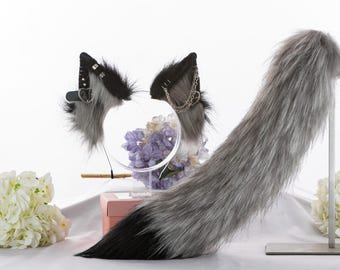 Handmade Gray Fox Ears and Tail Cosplay Set: Faux Fur Halloween Costume