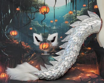 Conjunto de cosplay de cola y orejas de dragón hechas a mano: piel sintética, cola blindada de fursuit de malla escamosa